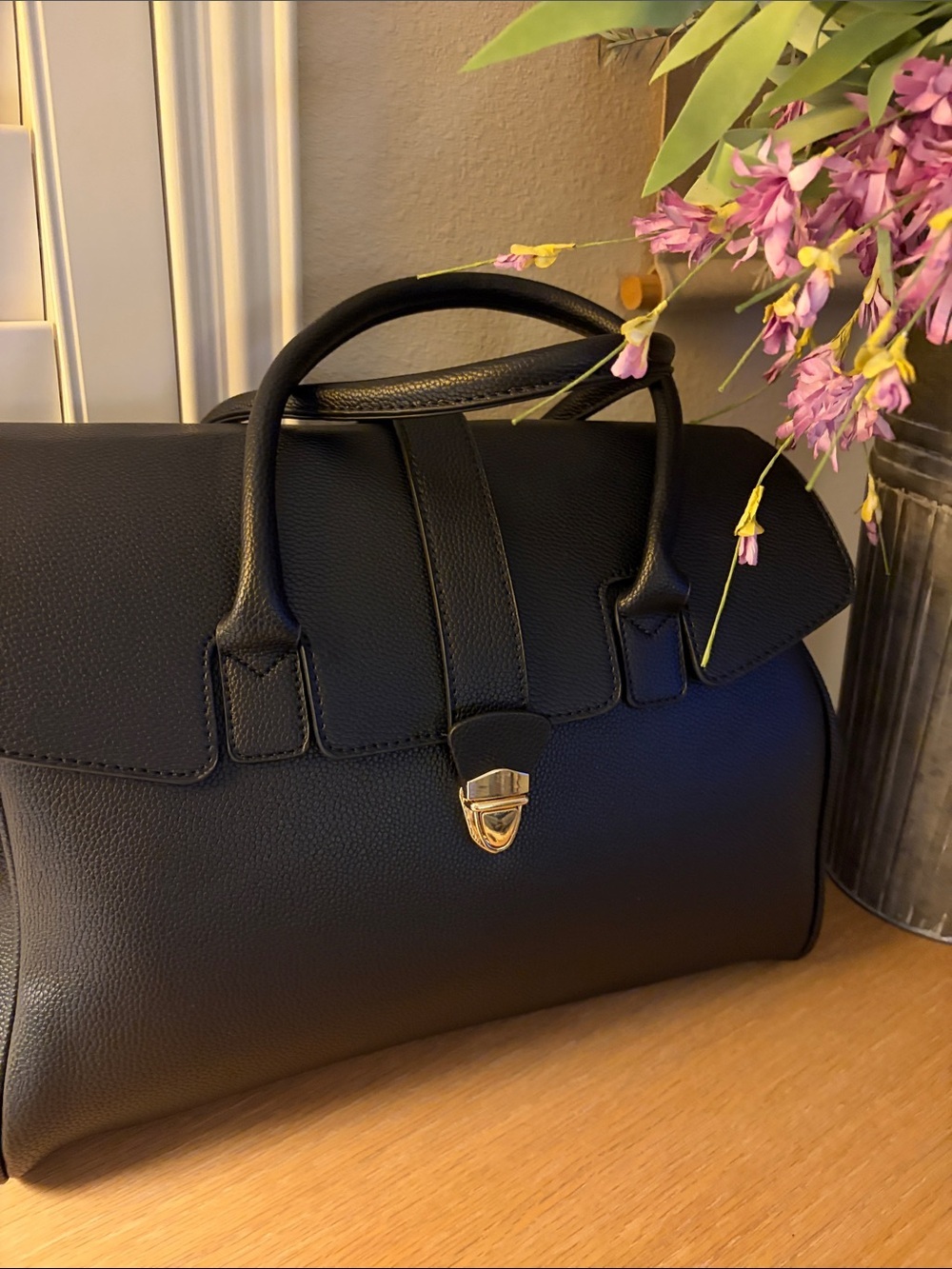 Extra large black Faux leather structured top handled satchel vintage inspired.